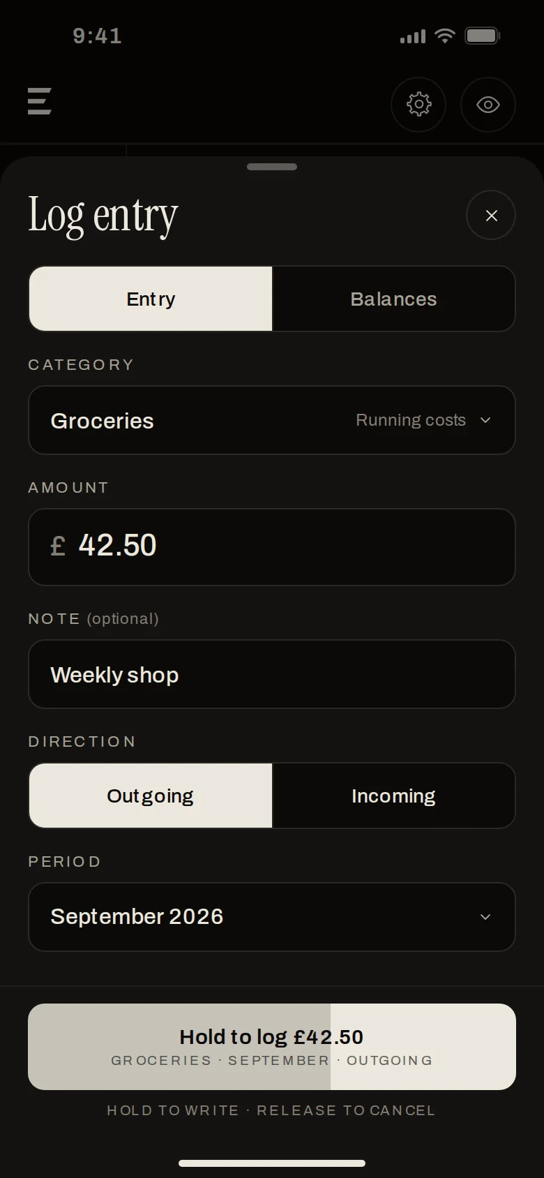 Erkos Log entry sheet with the hold to log button