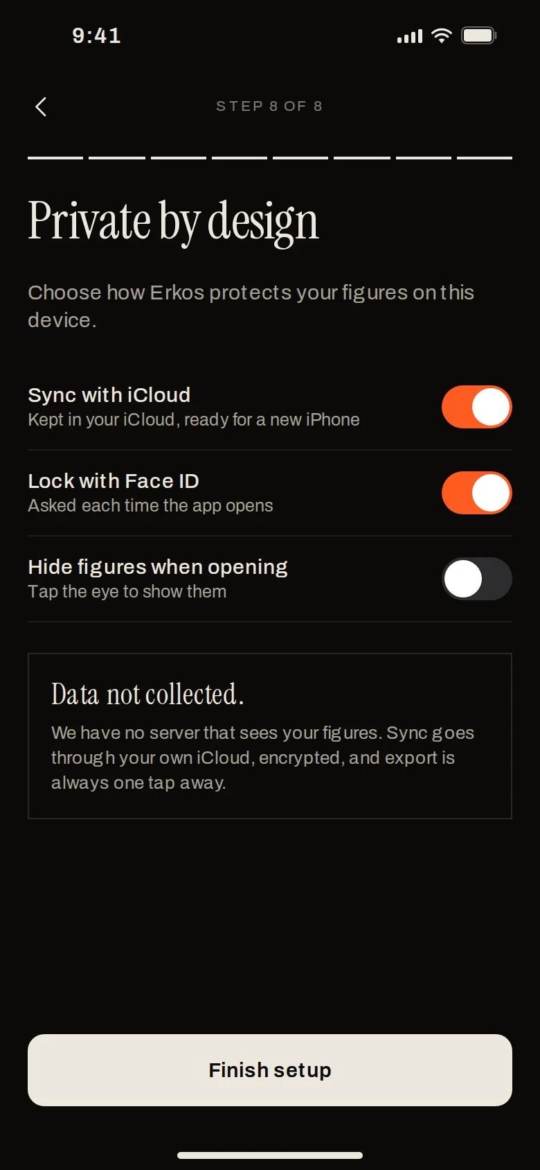 The privacy step while setting up Erkos: iCloud sync, Face ID and hidden figures
